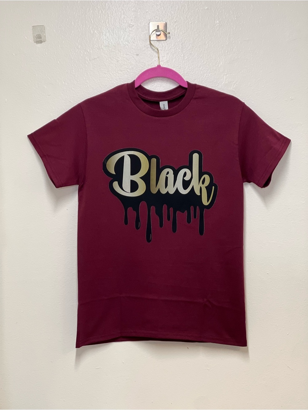 Gildan Maroon Short Sleeve Tee with Black & Gold 'Black' Drip Graphic - Picture 7 of 7